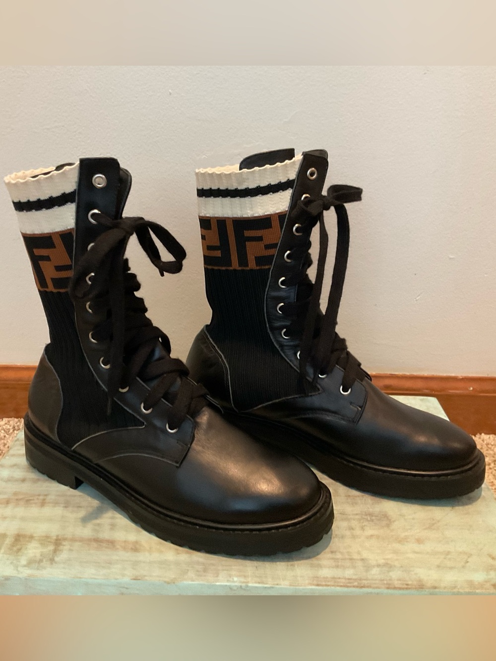 Fendi Black Leather Combat Boots with Monogram Knit Cuff - Picture 2 of 7